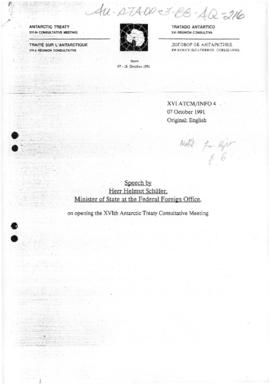 Sixteenth Antarctic Treaty Consultative Meeting, Bonn, Information paper 4 "Speech by Herr H...