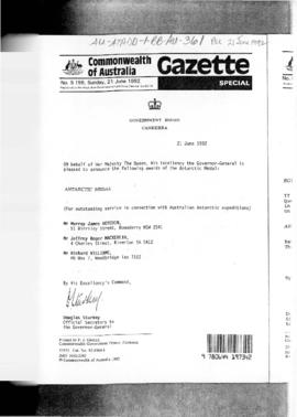 Commonwealth of Australia Gazette, "Antarctic Medal" recipients