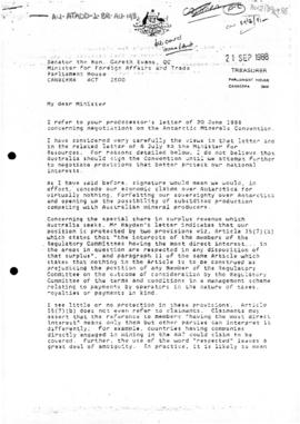 Letter from Treasurer of Australia Paul Keating urging the reopening negotiations of the Minerals...