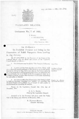 Falklands Islands, Passports Ordinance, no 7 of 1921