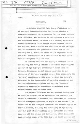 British memorandum informing Norway of the establishment of the Australian Antarctic Territory