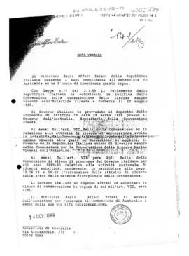 Italy, Foreign Ministry, note concerning Italian accession to the Convention on the Conservation ...