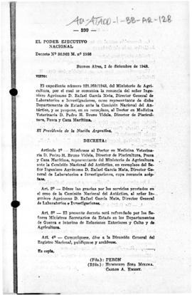 Argentina, Decree no. 36,962 M.1160 replacing the representative of the Department of Agriculture...