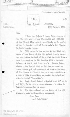 British Admiralty letter to Colonial Office concerning South Georgia and South Orkney Islands
