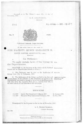 Falkland Islands Dependencies, Application of Colony Laws (No.2) Ordinance, no 5 of 1957