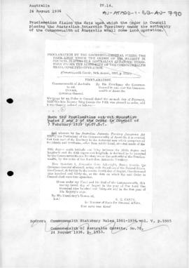 Proclamation bringing into operation the Order in Council placing the Australian Antarctic Territ...