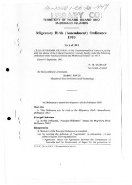 Territory of Heard Island and McDonald Islands, Migratory birds (Amendment) Ordinance 1983