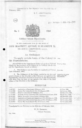Falkland Islands Dependencies, Application of Colony Laws Ordinance, no 1 of 1964