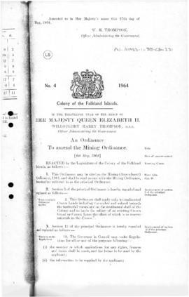 Falkland Islands, Mining (Amendment) Ordinance, no 4 of 1964