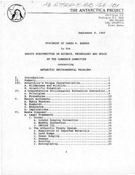Antarctic Project, "Statement of James N Barnes to the Senate Subcommittee on Science, Techn...