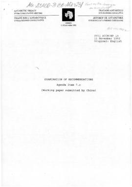 Seventeenth Antarctic Treaty Consultative Meeting, Venice, Working paper 15 "Examination of ...