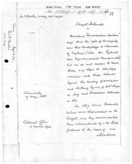 British Foreign Office memorandum concerning the Crozet Islands, and related Admiralty memorandum