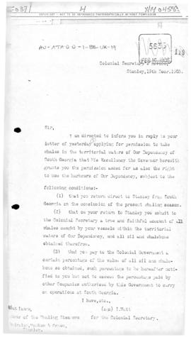 United Kingdom, Permission from the Falkland Islands Government to Alexander Lange to whale off S...