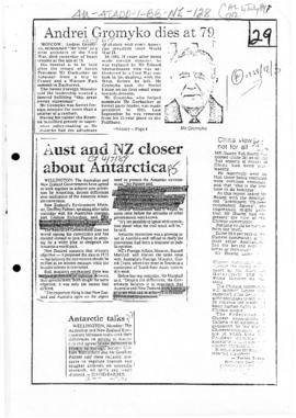 Press article "Aust and NZ closer about Antarctica" Canberra Times, and related articles
