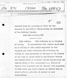 Telegram to Falkland Islands authorities granting authority to Hubert Wilkins to make claims