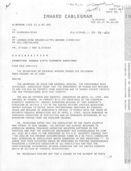 United Kingdom, cablegrams relating to the Canada and United States attitudes to the Falklands di...
