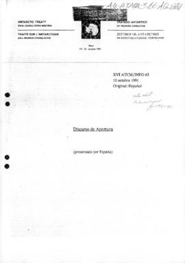 Sixteenth Antarctic Treaty Consultative Meeting, Bonn, Information paper 65 "Discurso de ape...