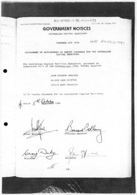 Australian Capital Territory Gazette, Government Notices, Coroners Act 1956, appointments