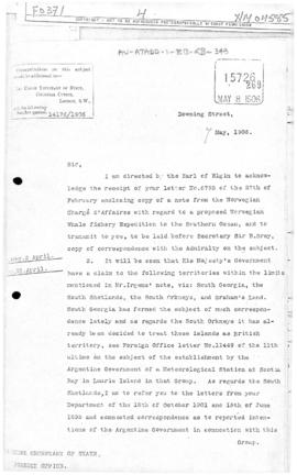 Colonial Office letter to British Foreign Office concerning South Georgia, the South Shetlands, t...
