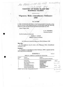 Territory of Heard Island and McDonald Islands, Migratory birds (Amendment) Ordinance 1985
