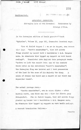 British Foreign office memorandum concerning Amundsen's visit to Scott's Nunataks