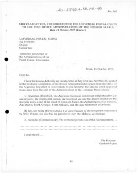 Circular letter of the Director of the Universal Postal Union reporting the territorial jurisdict...