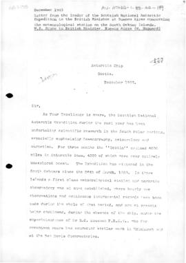 Letter from the leader of the Scottish National Antarctic Expedition to the British Minister at B...