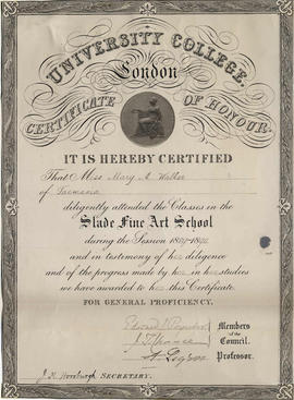 Mary Augusta Walker : certificate from the Slade Fine Art School, University College London
